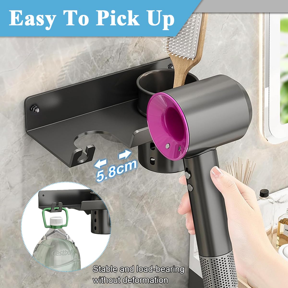 HASTHIP Hair Dryer Stand - Carbon Steel Wall Mounted Hair Dryer Rack with Styling Tool Organizer, Self-Adhesive Hair Dryer Rack for Dyson Hair Dryer, Perfect for Bathroom, Salon & Dressing Room HASTHIP Hair Dryer Stand - Carbon Steel Wall Mounted Hair Dryer Rack with Styling Tool Organizer, Self-Adhesive Hair Dryer Rack for Dyson Hair Dryer, Perfect for Bathroom, Salon & Dressing Room